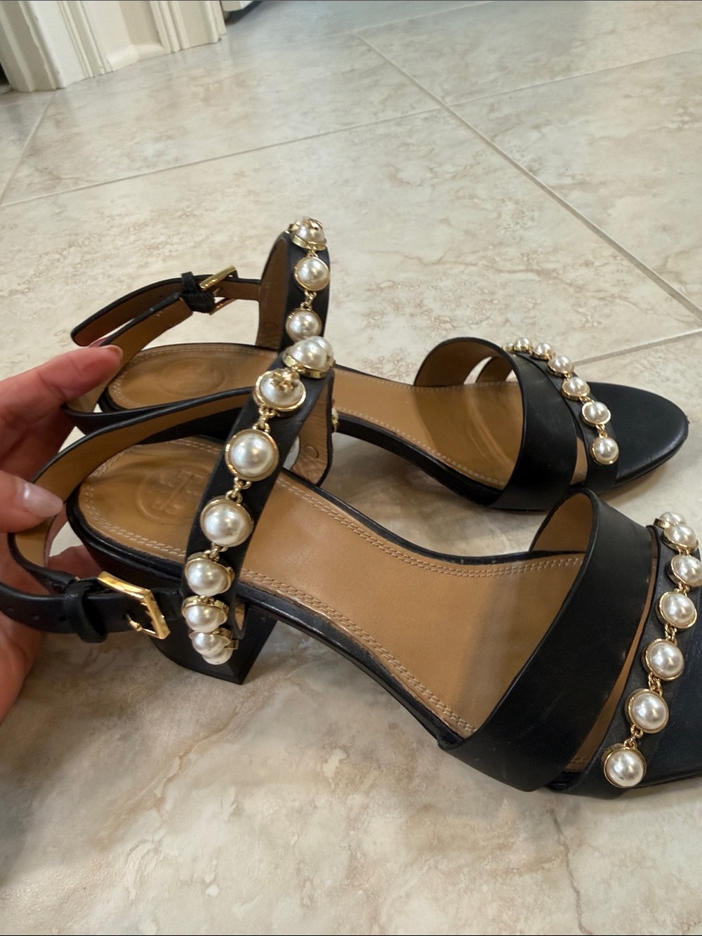 Tory Burch Black Pearl-Embellished Block Heel Sandals